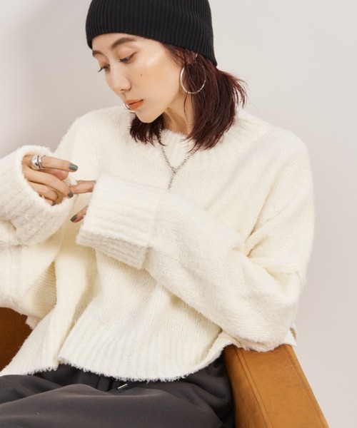 セール】フェザーミックスワイドクロップドニット（ニット/セーター