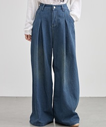 ハイウエスト ワイド タック デニム パンツ