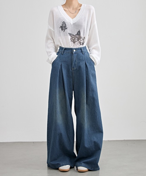 Lace Ladies(レースレディース)の「ハイウエスト ワイド タック デニム パンツ(デニムパンツ・レディース・ネイビー・S/M/L/XL)」の5枚目の写真