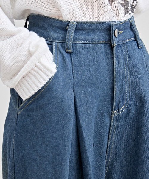 セール】ハイウエスト ワイド タック デニム パンツ（デニム