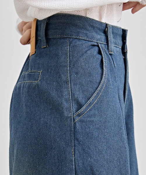 セール】ハイウエスト ワイド タック デニム パンツ（デニム