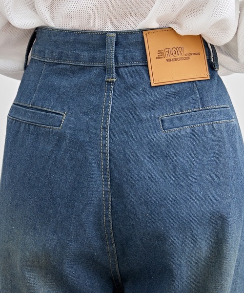 LOHEN ランダムタックハイウエストパンツ　デニム セール】ハイウエスト ワイド タック デニム パンツ（デニム