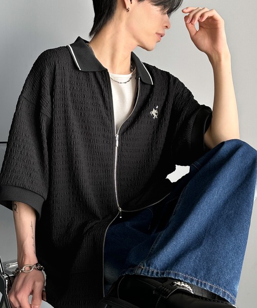 classicalelf（クラシカルエルフ）の「抜け感叶える大人の上品スポーティ。ポロ襟ダブルファスナージャガードトップス（半袖）（Tシャツ/カットソー・メンズ・ブラック/アイボリー・LARGE/MEDIUM/X-LARGE）」の8枚目の写真