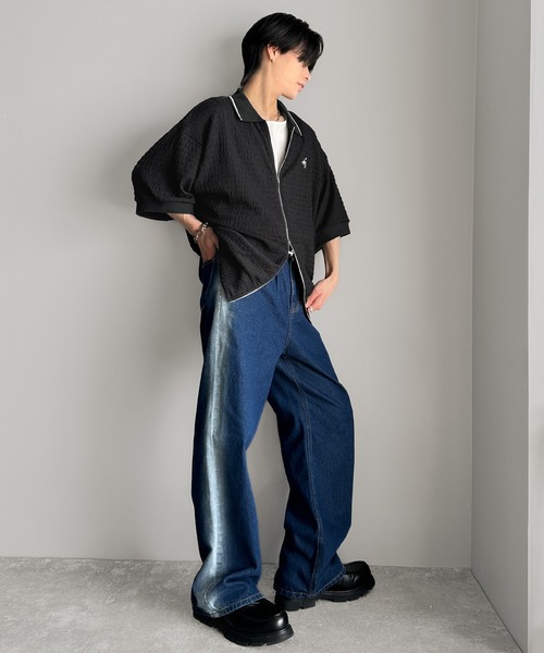 classicalelf（クラシカルエルフ）の「抜け感叶える大人の上品スポーティ。ポロ襟ダブルファスナージャガードトップス（半袖）（Tシャツ/カットソー・メンズ・ブラック/アイボリー・LARGE/MEDIUM/X-LARGE）」の9枚目の写真