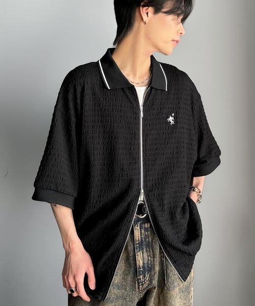 classicalelf（クラシカルエルフ）の「抜け感叶える大人の上品スポーティ。ポロ襟ダブルファスナージャガードトップス（半袖）（Tシャツ/カットソー・メンズ・ブラック/アイボリー・LARGE/MEDIUM/X-LARGE）」の10枚目の写真