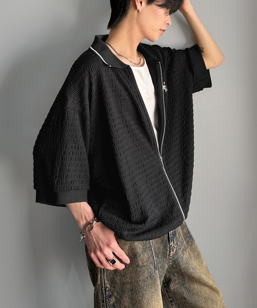 classicalelf（クラシカルエルフ）の「抜け感叶える大人の上品スポーティ。ポロ襟ダブルファスナージャガードトップス（半袖）（Tシャツ/カットソー・メンズ・ブラック/アイボリー・LARGE/MEDIUM/X-LARGE）」の12枚目の写真