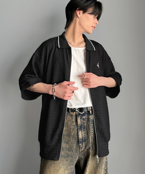 classicalelf（クラシカルエルフ）の「抜け感叶える大人の上品スポーティ。ポロ襟ダブルファスナージャガードトップス（半袖）（Tシャツ/カットソー・メンズ・ブラック/アイボリー・LARGE/MEDIUM/X-LARGE）」の13枚目の写真