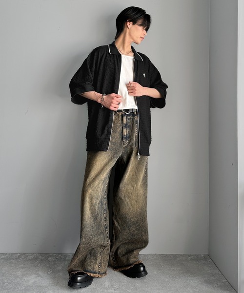 classicalelf（クラシカルエルフ）の「抜け感叶える大人の上品スポーティ。ポロ襟ダブルファスナージャガードトップス（半袖）（Tシャツ/カットソー・メンズ・ブラック/アイボリー・LARGE/MEDIUM/X-LARGE）」の14枚目の写真