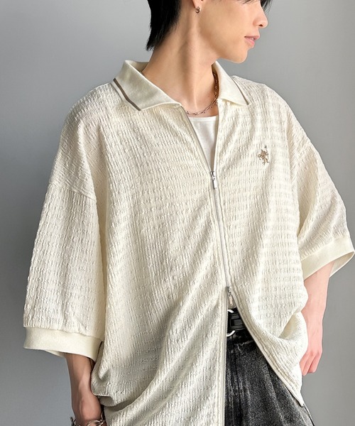 classicalelf（クラシカルエルフ）の「抜け感叶える大人の上品スポーティ。ポロ襟ダブルファスナージャガードトップス（半袖）（Tシャツ/カットソー・メンズ・ブラック/アイボリー・LARGE/MEDIUM/X-LARGE）」の19枚目の写真