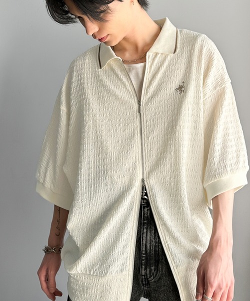 classicalelf（クラシカルエルフ）の「抜け感叶える大人の上品スポーティ。ポロ襟ダブルファスナージャガードトップス（半袖）（Tシャツ/カットソー・メンズ・ブラック/アイボリー・LARGE/MEDIUM/X-LARGE）」の20枚目の写真