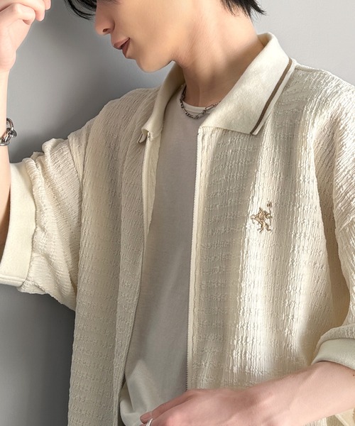 classicalelf（クラシカルエルフ）の「抜け感叶える大人の上品スポーティ。ポロ襟ダブルファスナージャガードトップス（半袖）（Tシャツ/カットソー・メンズ・ブラック/アイボリー・LARGE/MEDIUM/X-LARGE）」の22枚目の写真