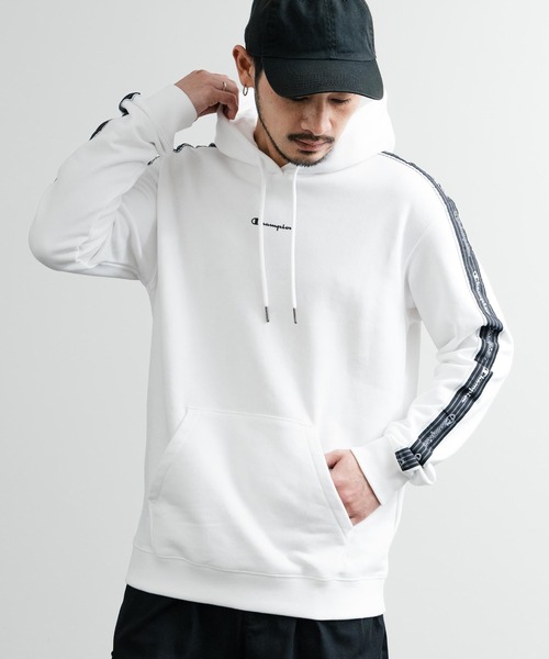【人気☆Champion】グレー　長袖パーカー　袖ロゴ入り　サイズM Champion チャンピオン オーバーサイズ袖ラインロゴ裏毛プル