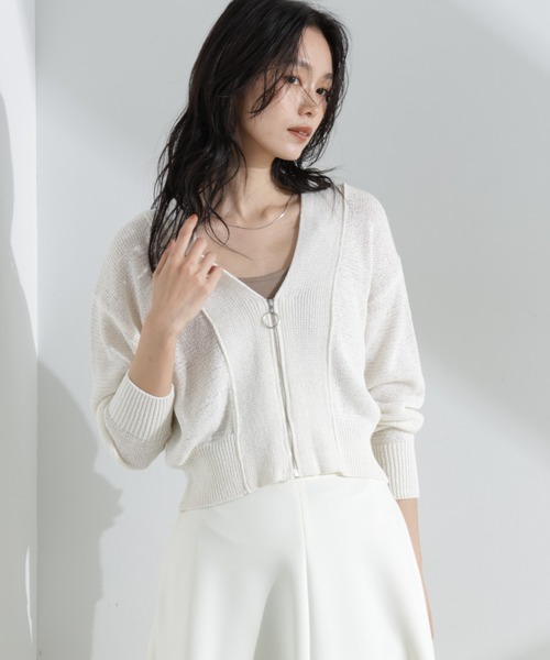 NANO universe（ナノユニバース）の「リネン混テープヤーンZIPカーディガン（カーディガン/ボレロ・レディース・オフホワイト/ベージュ・FREE）」の3枚目の写真