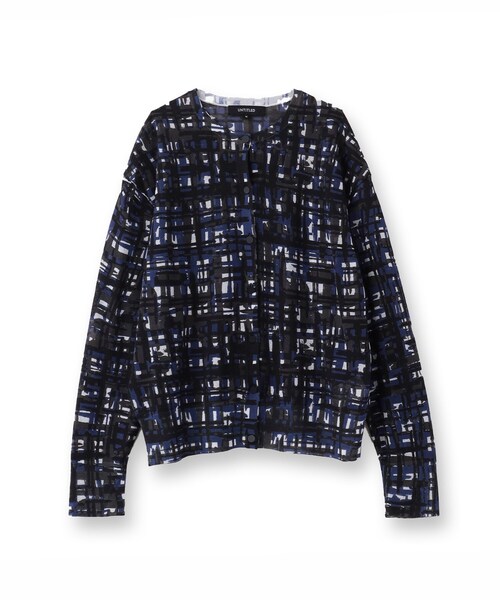 UNTITLED（アンタイトル）の「【セットアップ可能/アンサンブル可能/シアー】チェックプリント カーディガンニット（カーディガン/ボレロ・レディース・キャメル/ネイビー系・00/02/04/44）」の4枚目の写真