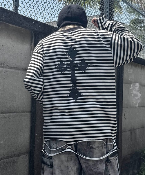 ILL'S（イルズ）の「【MARCORE SELECT】メタルコア クロス 無地 / ボーダー ダメージロンT（Tシャツ/カットソー・メンズ・ホワイト×ブラック/ブラック/チャコールグレー/ブラック×グレー/ホワイト・FREE）」の2枚目の写真