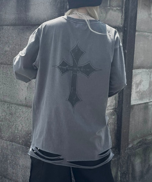 ILL'S（イルズ）の「【MARCORE SELECT】メタルコア クロス 無地 / ボーダー ダメージロンT（Tシャツ/カットソー・メンズ・ホワイト×ブラック/ブラック/チャコールグレー/ブラック×グレー/ホワイト・FREE）」の5枚目の写真