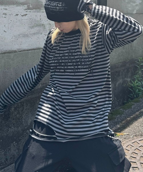 ILL'S（イルズ）の「【MARCORE SELECT】メタルコア クロス 無地 / ボーダー ダメージロンT（Tシャツ/カットソー・メンズ・ホワイト×ブラック/ブラック/チャコールグレー/ブラック×グレー/ホワイト・FREE）」の4枚目の写真