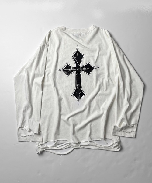 ILL'S（イルズ）の「【MARCORE SELECT】メタルコア クロス 無地 / ボーダー ダメージロンT（Tシャツ/カットソー・メンズ・ホワイト×ブラック/ブラック/チャコールグレー/ブラック×グレー/ホワイト・FREE）」の7枚目の写真