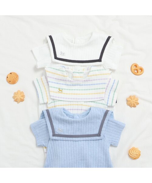 apres les cours（アプレレクール）の「セーラー衿ボディースーツ（ロンパース・キッズ・オフホワイト/サックスブルー/レインボー・70/80）」の5枚目の写真