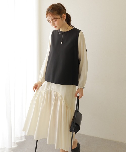 LAULEN（ローレン）の「satinlike gather v neck dress /サテン調ギャザーVネックロングワンピース（ワンピース・レディース・グレー/アイボリー・FREE）」の8枚目の写真