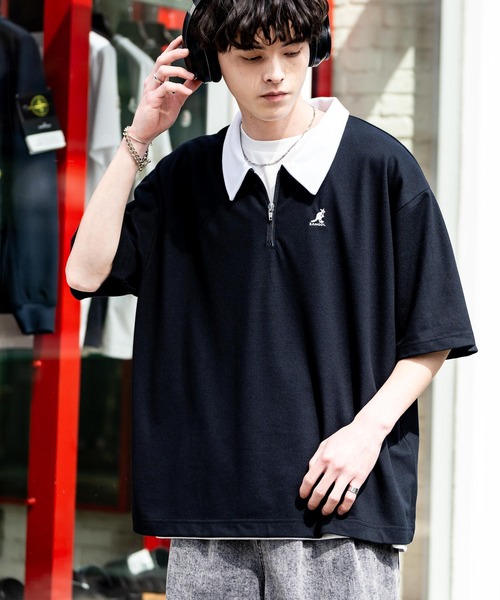 KANGOL（カンゴール）の「KANGOL カンゴール 別注コラボ 鹿の子ハーフジップクレリックカラー/オーバーサイズロゴ刺繍半袖ポロシャツ（ポロシャツ・メンズ・ネイビー/ブラック×ホワイト/グリーン/ホワイト/チャコールグレー/ブラック/ホワイト×ブラック・L/XL/M）」の4枚目の写真