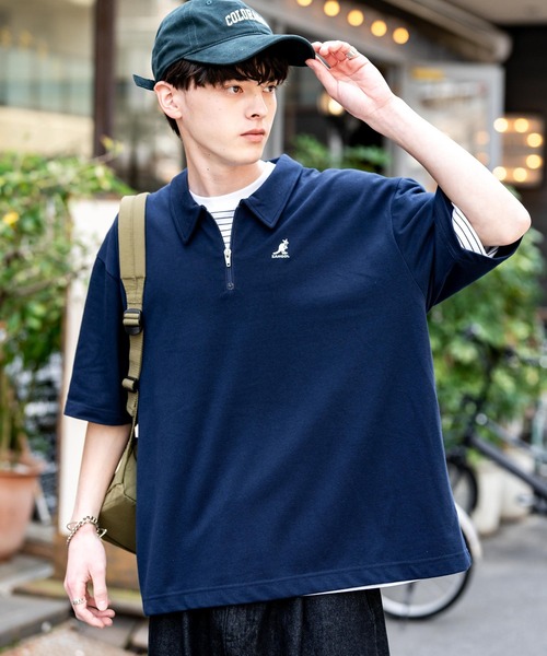 KANGOL（カンゴール）の「KANGOL カンゴール 別注コラボ 鹿の子ハーフジップクレリックカラー/オーバーサイズロゴ刺繍半袖ポロシャツ（ポロシャツ・メンズ・ネイビー/ブラック×ホワイト/グリーン/ホワイト/チャコールグレー/ブラック/ホワイト×ブラック・L/XL/M）」の7枚目の写真