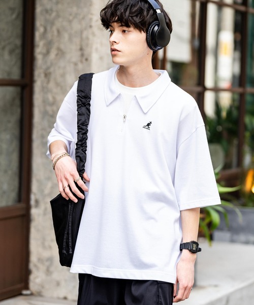KANGOL（カンゴール）の「KANGOL カンゴール 別注コラボ 鹿の子ハーフジップクレリックカラー/オーバーサイズロゴ刺繍半袖ポロシャツ（ポロシャツ・メンズ・ネイビー/ブラック×ホワイト/グリーン/ホワイト/チャコールグレー/ブラック/ホワイト×ブラック・L/XL/M）」の9枚目の写真