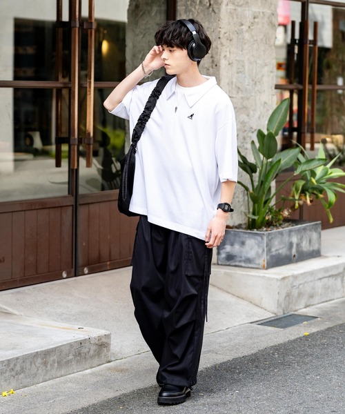KANGOL（カンゴール）の「KANGOL カンゴール 別注コラボ 鹿の子ハーフジップクレリックカラー/オーバーサイズロゴ刺繍半袖ポロシャツ（ポロシャツ・メンズ・ネイビー/ブラック×ホワイト/グリーン/ホワイト/チャコールグレー/ブラック/ホワイト×ブラック・L/XL/M）」の10枚目の写真