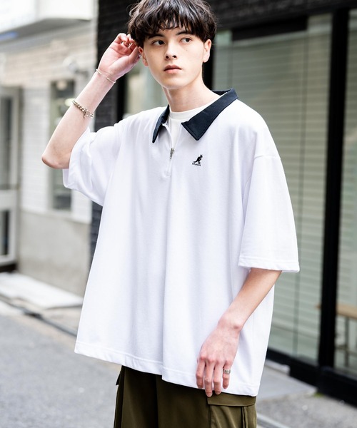 KANGOL（カンゴール）の「KANGOL カンゴール 別注コラボ 鹿の子ハーフジップクレリックカラー/オーバーサイズロゴ刺繍半袖ポロシャツ（ポロシャツ・メンズ・ネイビー/ブラック×ホワイト/グリーン/ホワイト/チャコールグレー/ブラック/ホワイト×ブラック・L/XL/M）」の11枚目の写真