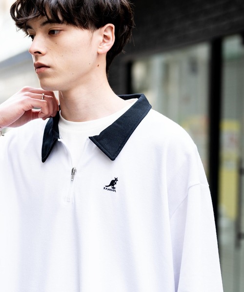 KANGOL（カンゴール）の「KANGOL カンゴール 別注コラボ 鹿の子ハーフジップクレリックカラー/オーバーサイズロゴ刺繍半袖ポロシャツ（ポロシャツ・メンズ・ネイビー/ブラック×ホワイト/グリーン/ホワイト/チャコールグレー/ブラック/ホワイト×ブラック・L/XL/M）」の13枚目の写真