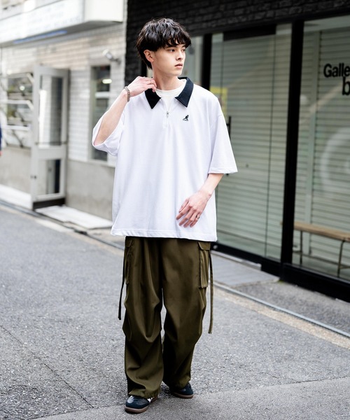 KANGOL（カンゴール）の「KANGOL カンゴール 別注コラボ 鹿の子ハーフジップクレリックカラー/オーバーサイズロゴ刺繍半袖ポロシャツ（ポロシャツ・メンズ・ネイビー/ブラック×ホワイト/グリーン/ホワイト/チャコールグレー/ブラック/ホワイト×ブラック・L/XL/M）」の14枚目の写真