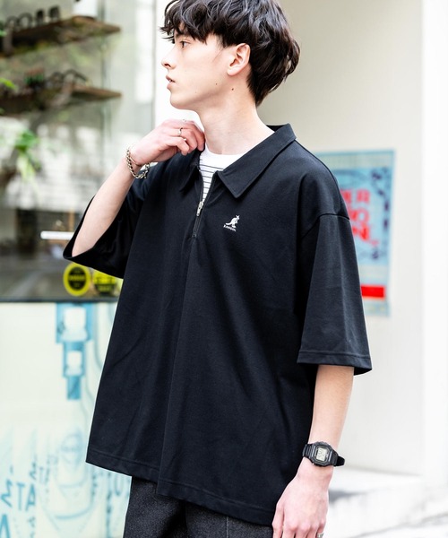 KANGOL（カンゴール）の「KANGOL カンゴール 別注コラボ 鹿の子ハーフジップクレリックカラー/オーバーサイズロゴ刺繍半袖ポロシャツ（ポロシャツ・メンズ・ネイビー/ブラック×ホワイト/グリーン/ホワイト/チャコールグレー/ブラック/ホワイト×ブラック・L/XL/M）」の15枚目の写真