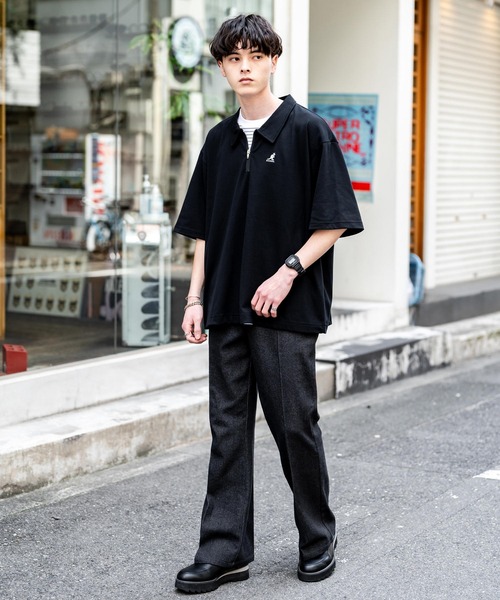 KANGOL（カンゴール）の「KANGOL カンゴール 別注コラボ 鹿の子ハーフジップクレリックカラー/オーバーサイズロゴ刺繍半袖ポロシャツ（ポロシャツ・メンズ・ネイビー/ブラック×ホワイト/グリーン/ホワイト/チャコールグレー/ブラック/ホワイト×ブラック・L/XL/M）」の17枚目の写真