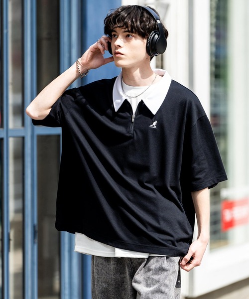 KANGOL（カンゴール）の「KANGOL カンゴール 別注コラボ 鹿の子ハーフジップクレリックカラー/オーバーサイズロゴ刺繍半袖ポロシャツ（ポロシャツ・メンズ・ネイビー/ブラック×ホワイト/グリーン/ホワイト/チャコールグレー/ブラック/ホワイト×ブラック・L/XL/M）」の18枚目の写真