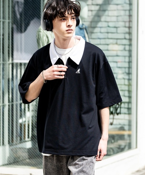 KANGOL（カンゴール）の「KANGOL カンゴール 別注コラボ 鹿の子ハーフジップクレリックカラー/オーバーサイズロゴ刺繍半袖ポロシャツ（ポロシャツ・メンズ・ネイビー/ブラック×ホワイト/グリーン/ホワイト/チャコールグレー/ブラック/ホワイト×ブラック・L/XL/M）」の19枚目の写真