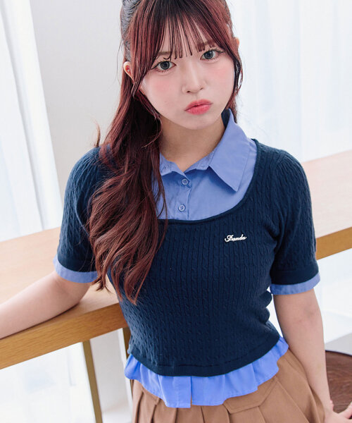 OLIVE des OLIVE（オリーブデオリーブ）の「シャツレーヤードニット（シャツ/ブラウス・レディース・ライトグレー/ネイビー/オフホワイト/ピンク・FREE）」の3枚目の写真