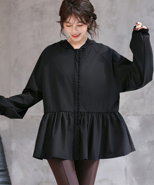 TeddyShop（テディショップ）の「【紫外線遮蔽率 99%以上/接触冷感/大きいサイズ有】レディース水着 長ぽわん袖フード付きフリルラッシュガード パーカー 水陸両用（ラッシュガード・レディース・ブラック/ベージュ/チャコールグレー/ホワイト・M/S/L/LL）」の5枚目の写真