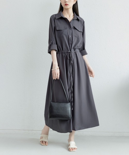 MAISON DE THERESE(メゾン ド テレーズ)の「長袖胸ポケット ロングシャツワンピース(シャツワンピース・レディース・グレー/ブラック/カーキ/アイボリー/ネイビー/ベージュ・S)」の4枚目の写真