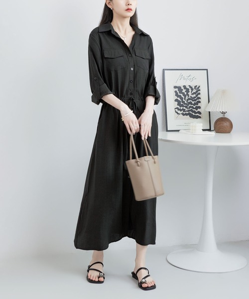 ボーダー Tシャツ ワンピース ロング 半袖 胸ポケット nr9233 セール】長袖胸ポケット ロングシャツワンピース（シャツ