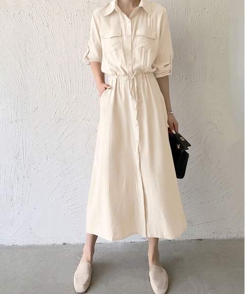 MAISON DE THERESE(メゾン ド テレーズ)の「長袖胸ポケット ロングシャツワンピース(シャツワンピース・レディース・グレー/ブラック/カーキ/アイボリー/ネイビー/ベージュ・S)」の20枚目の写真