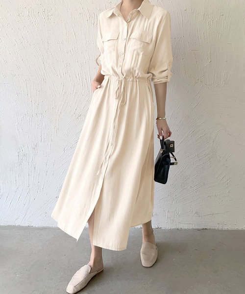 MAISON DE THERESE(メゾン ド テレーズ)の「長袖胸ポケット ロングシャツワンピース(シャツワンピース・レディース・グレー/ブラック/カーキ/アイボリー/ネイビー/ベージュ・S)」の19枚目の写真