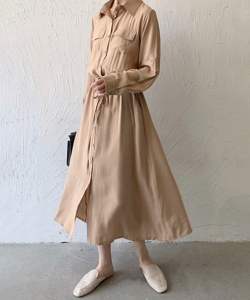 MAISON DE THERESE(メゾン ド テレーズ)の「長袖胸ポケット ロングシャツワンピース(シャツワンピース・レディース・グレー/ブラック/カーキ/アイボリー/ネイビー/ベージュ・S)」の15枚目の写真