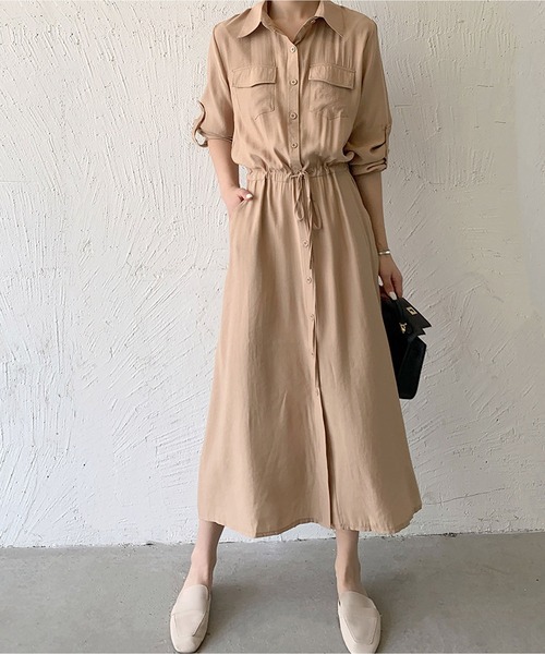 MAISON DE THERESE(メゾン ド テレーズ)の「長袖胸ポケット ロングシャツワンピース(シャツワンピース・レディース・グレー/ブラック/カーキ/アイボリー/ネイビー/ベージュ・S)」の14枚目の写真