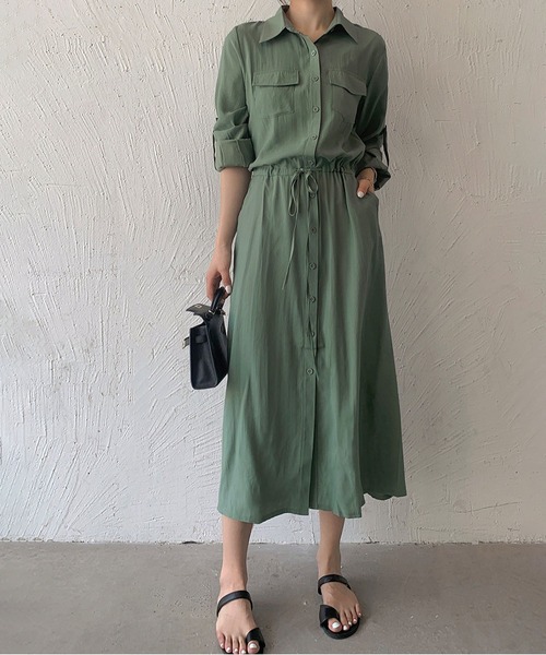 MAISON DE THERESE(メゾン ド テレーズ)の「長袖胸ポケット ロングシャツワンピース(シャツワンピース・レディース・グレー/ブラック/カーキ/アイボリー/ネイビー/ベージュ・S)」の11枚目の写真