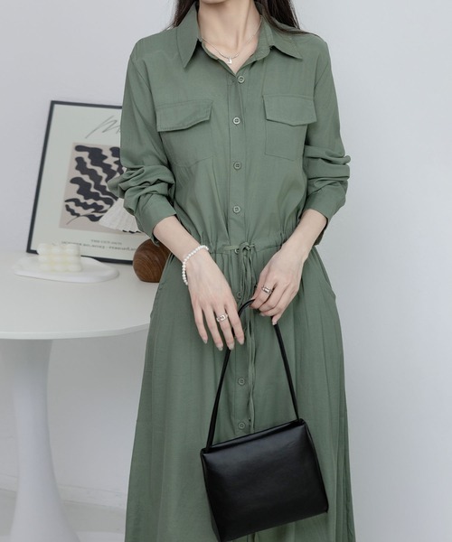 MAISON DE THERESE(メゾン ド テレーズ)の「長袖胸ポケット ロングシャツワンピース(シャツワンピース・レディース・グレー/ブラック/カーキ/アイボリー/ネイビー/ベージュ・S)」の9枚目の写真