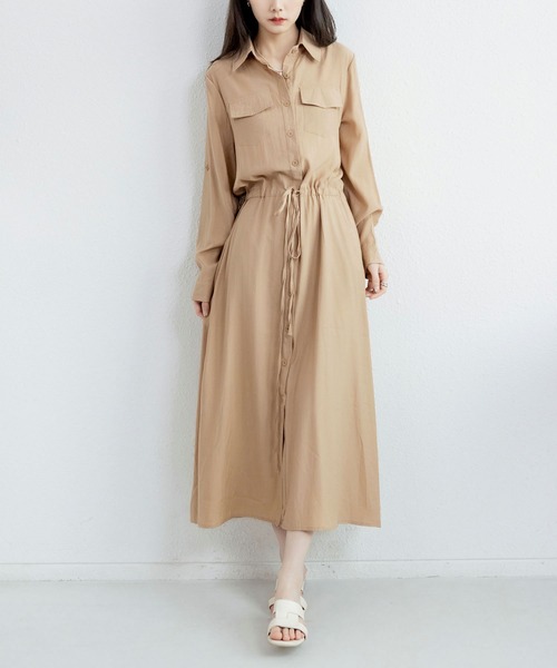 MAISON DE THERESE(メゾン ド テレーズ)の「長袖胸ポケット ロングシャツワンピース(シャツワンピース・レディース・グレー/ブラック/カーキ/アイボリー/ネイビー/ベージュ・S)」の10枚目の写真