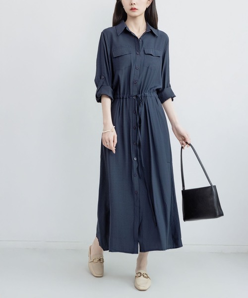 セール】長袖胸ポケット ロングシャツワンピース（シャツ