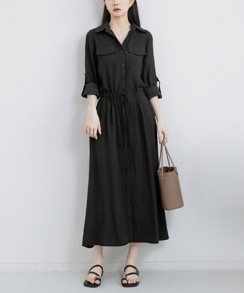 けい　ロングワンピース 立体袖 【未使用】定価2.3万 小倉優子さん着用・洗える・XSサイズ】麻調ピンタックロング