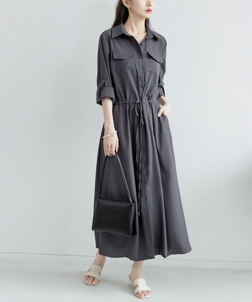 セール】長袖胸ポケット ロングシャツワンピース（シャツ