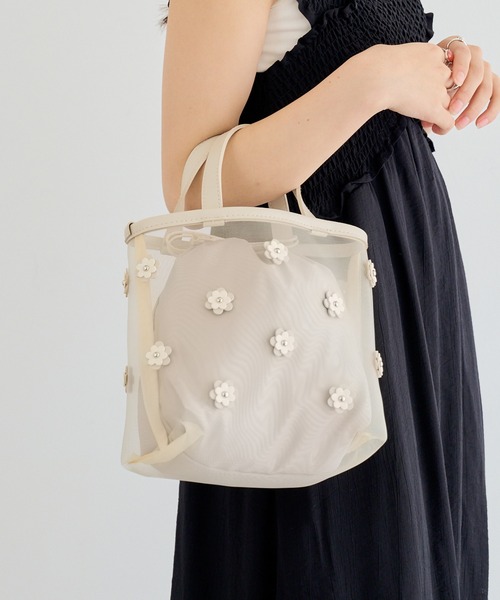 セール】【MIAN】フラワーメッシュミニトート バケツバッグ 巾着付き